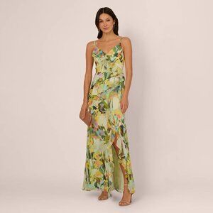 Adriana Papell Sleeveless Floral Chiffon Ruffle Cascade Gown - Size 8